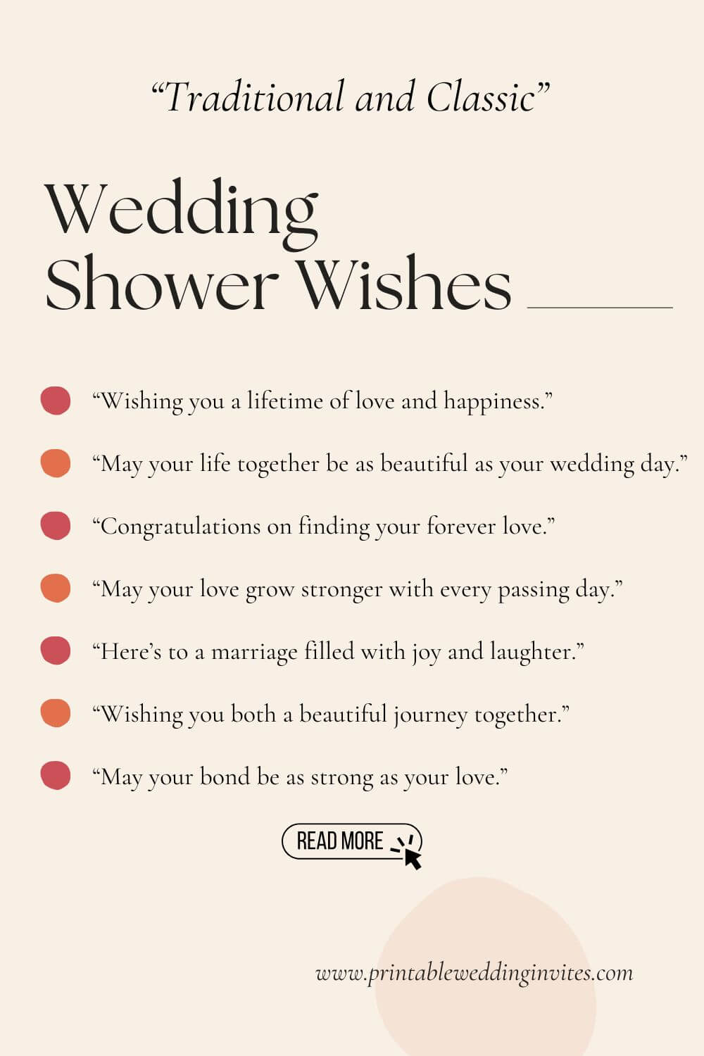 "Traditional and Classic" wedding shower wishes in elegant font on beige background. Wishes include love, happiness, and a joyful marriage.