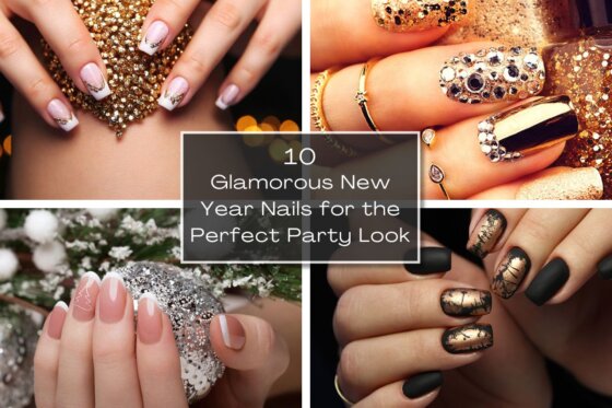 Collage of festive nail designs: pink with gold glitter, gold with rhinestones, nude with white lines, and matte black with metallic accents. Elegant and chic.