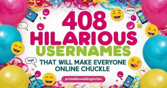 Vibrant image with colorful balloons, confetti, and smiling emojis. Text reads “408 Hilarious Usernames That Will Make Everyone Online Chuckle.” Fun and joyful tone.