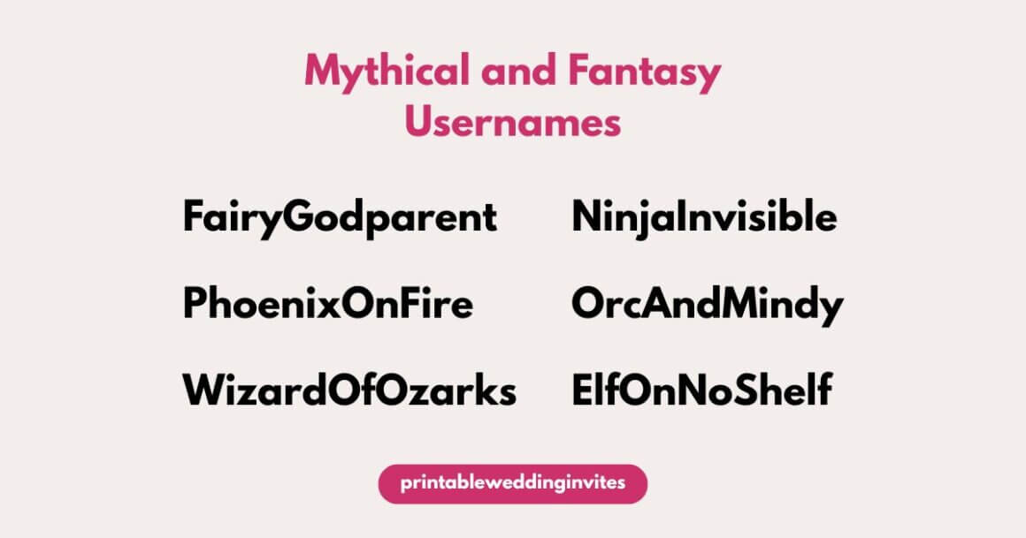"Image titled 'Mythical and Fantasy Usernames' in pink text on a light background. Usernames include FairyGodparent, NinjaInvisible, PhoenixOnFire, OrcAndMindy, WizardOfOzarks, and ElfOnNoShelf. Below is the source: printableweddinginvites."