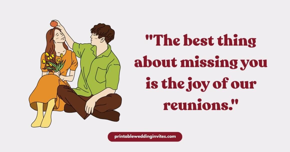 Illustration of a couple sitting, one playfully placing an apple on the other's head. Text reads, "The best thing about missing you is the joy of our reunions." The mood is romantic and joyful.